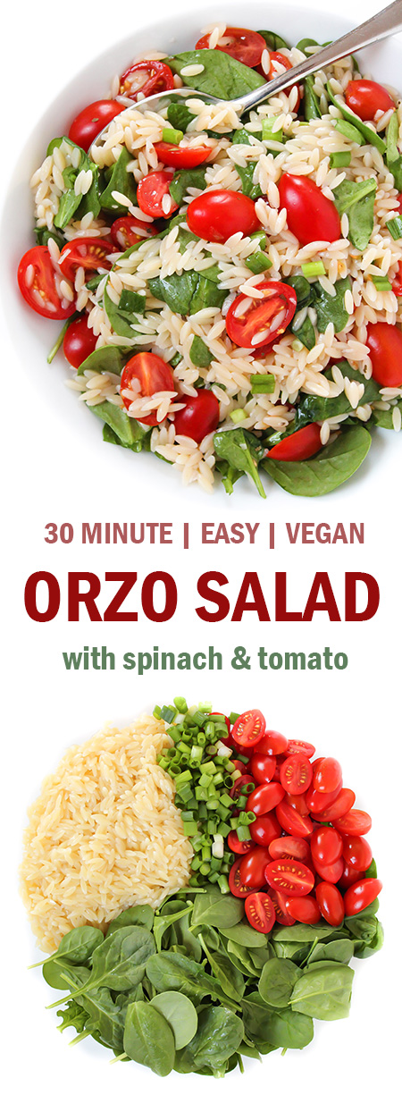 photo collage of orzo salad with tomato and spinach