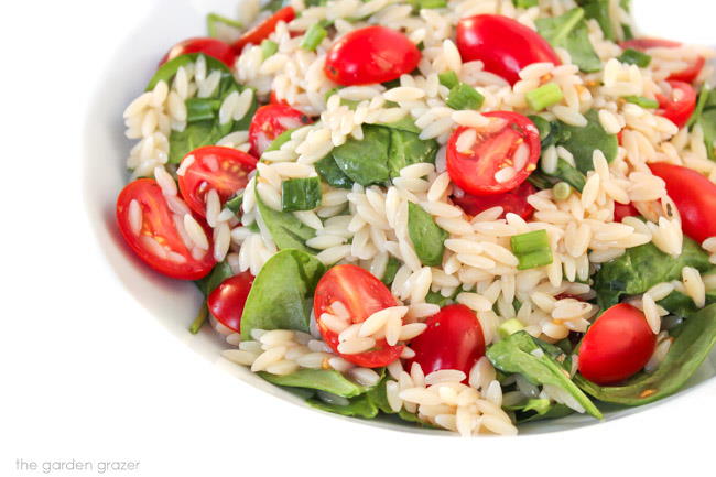 Orzo salad in a bowl with tomato, spinach, and green onion