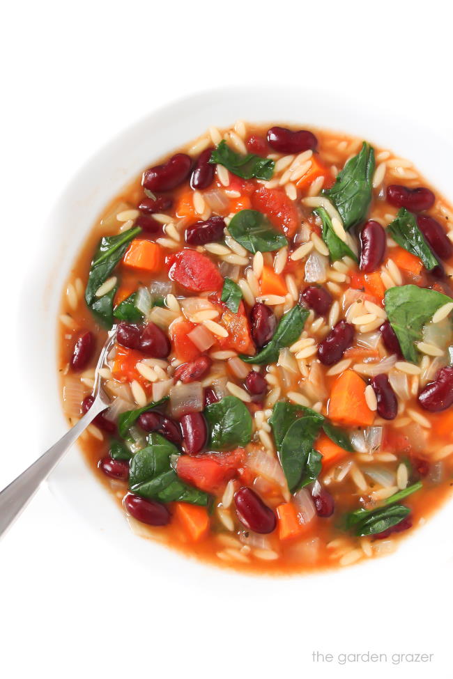 Bean orzo soup in a bowl with spoon