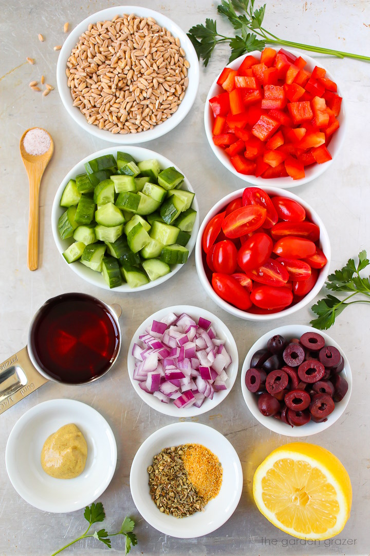 Chopped bell pepper, tomatoes, cucumber, red onion, olives, lemon, vinegar, and seasoning ingredients laid out on a metal tray
