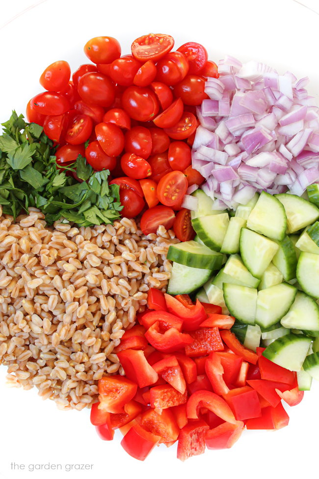 Chopped tomatoes, cucumber, onion, bell pepper ingredients in a glass bowl