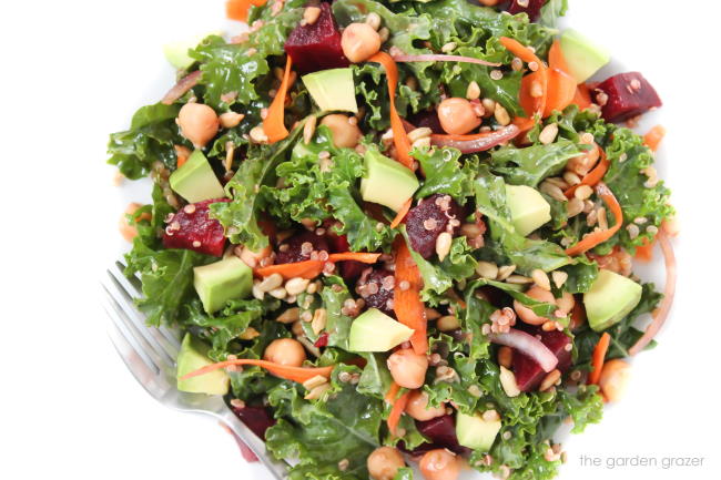 Kale salad in a bowl with fork