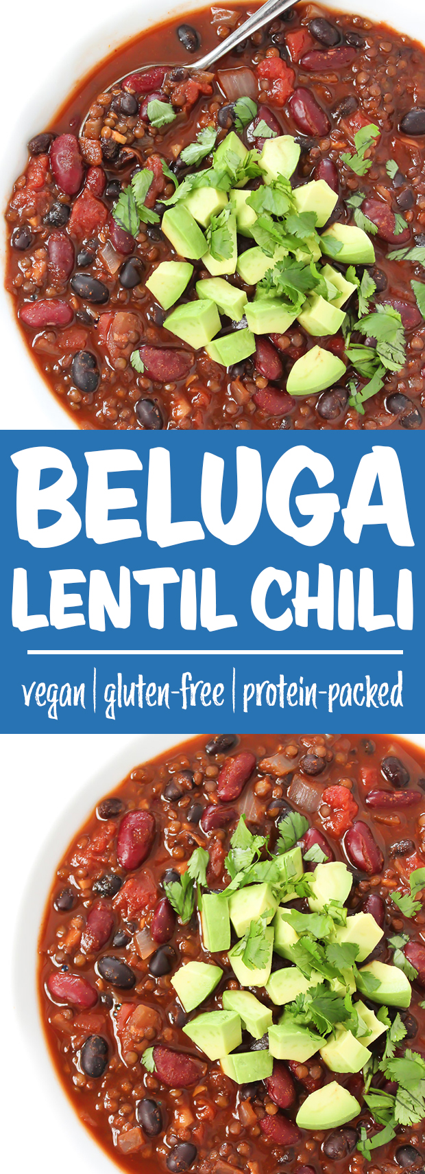 photo collage of vegan beluga lentil chili