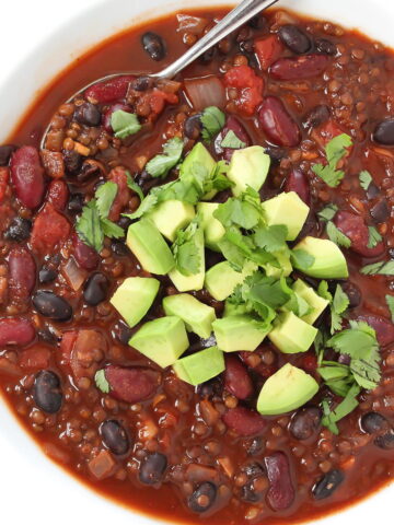 Black beluga lentil chili in a white bowl