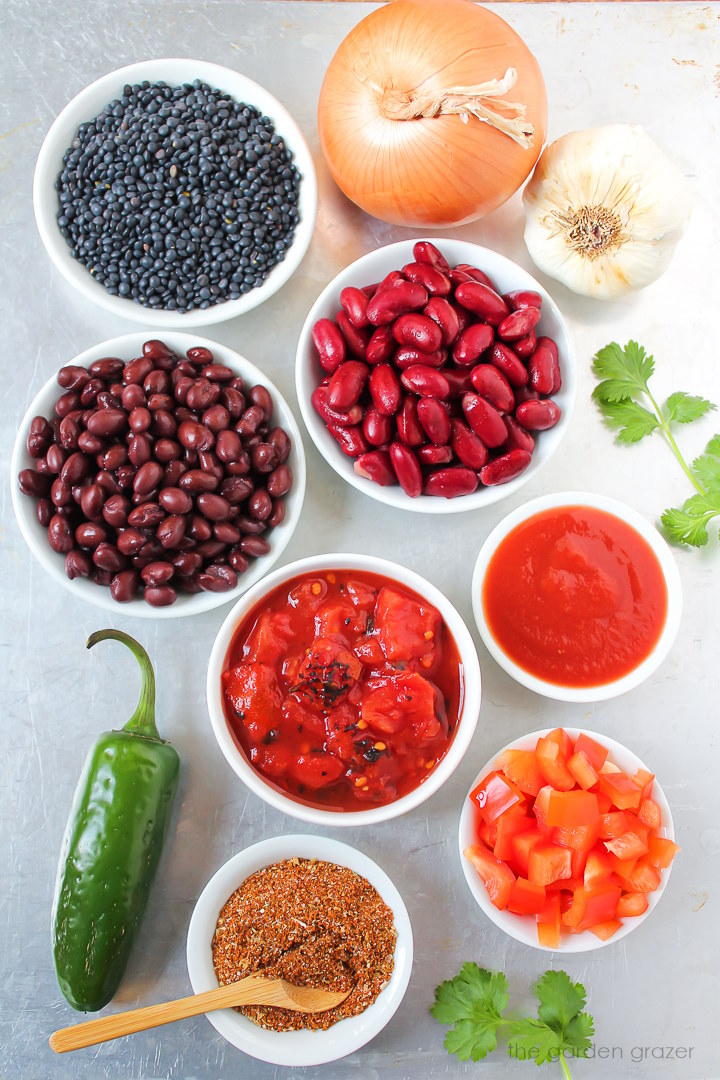Beans, onion, garlic, diced tomatoes, tomato sauce, red bell pepper and spice ingredients laid out on a metal tray