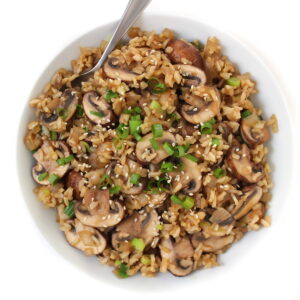 Asian-style mushroom rice in a white bowl