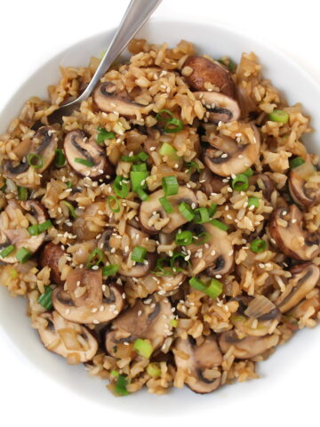 Asian-style mushroom rice in a white bowl