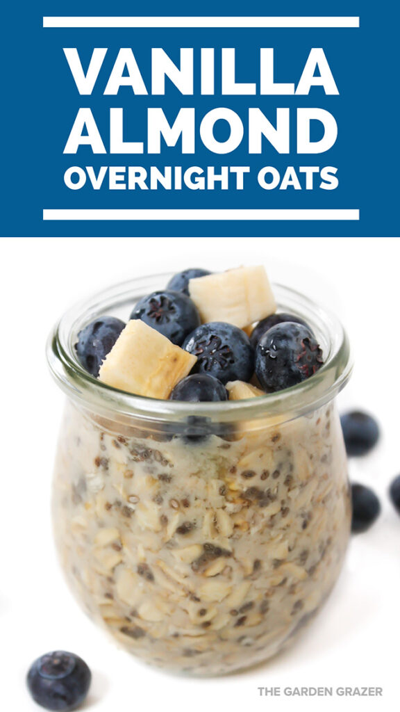 photo collage of Vanilla Almond Overnight Oats in a small jar with blueberries