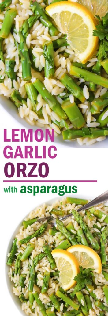 Photo collage of lemon garlic orzo