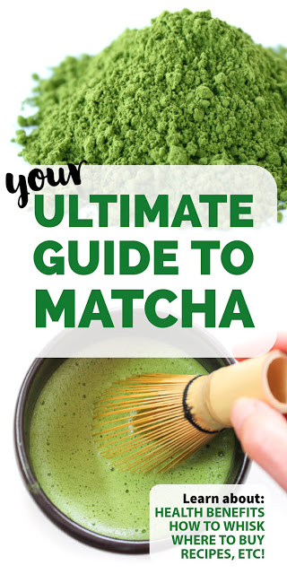 Guide to matcha with matcha powder and whisked bowl of matcha green tea