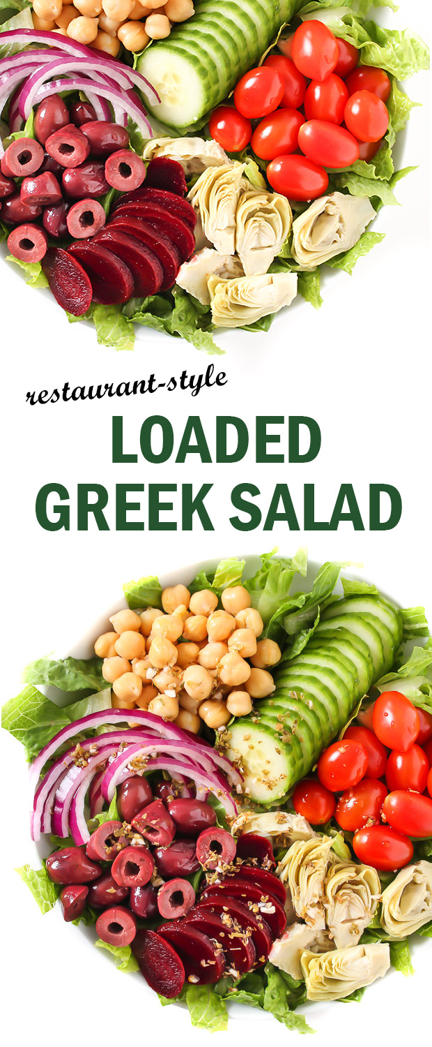 Photo collage of loaded Greek Salad