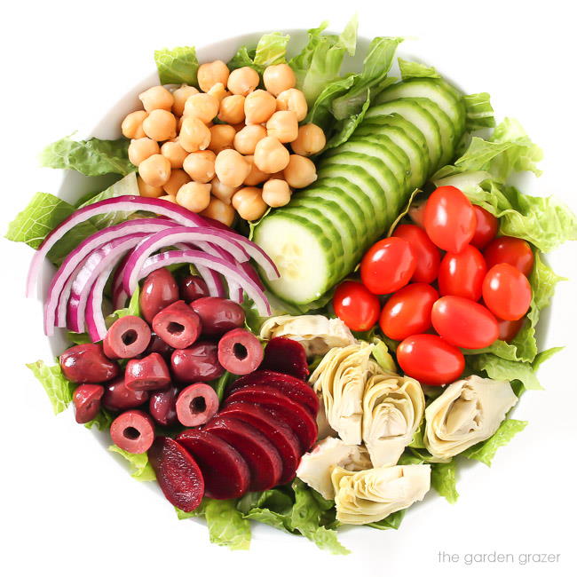 Vegan Greek-style salad in a bowl