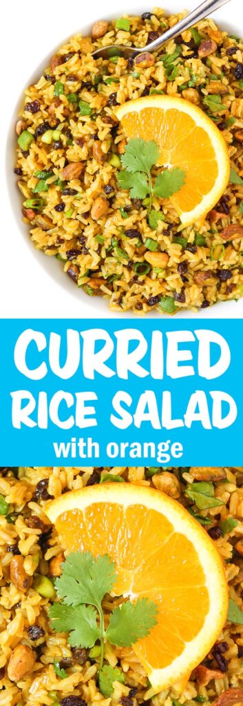 Photo collage of curried orange rice salad