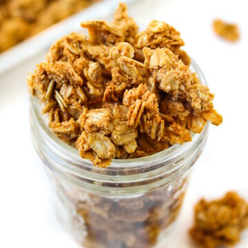 Vegan peanut butter granola in a small glass jar