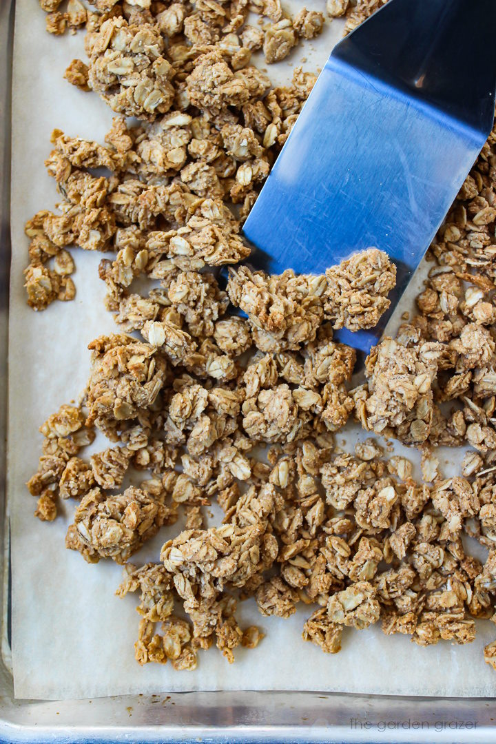 A metal spatula lifting up peanut butter granola on a sheet pan after it bakes