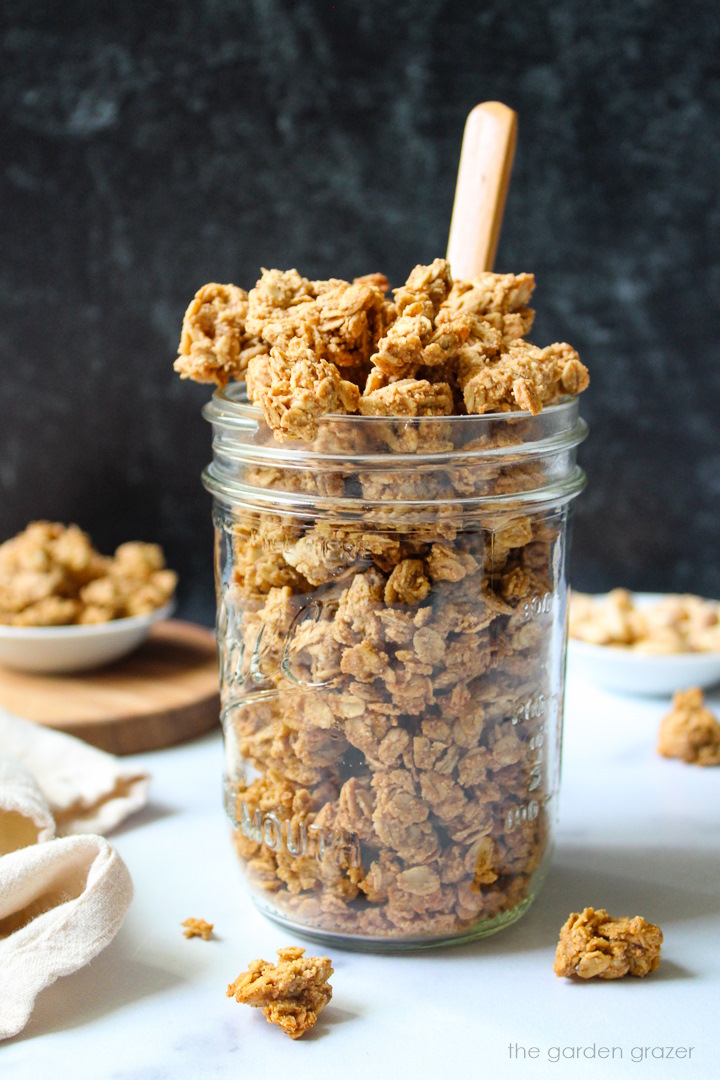 Peanut butter granola in a glass jar