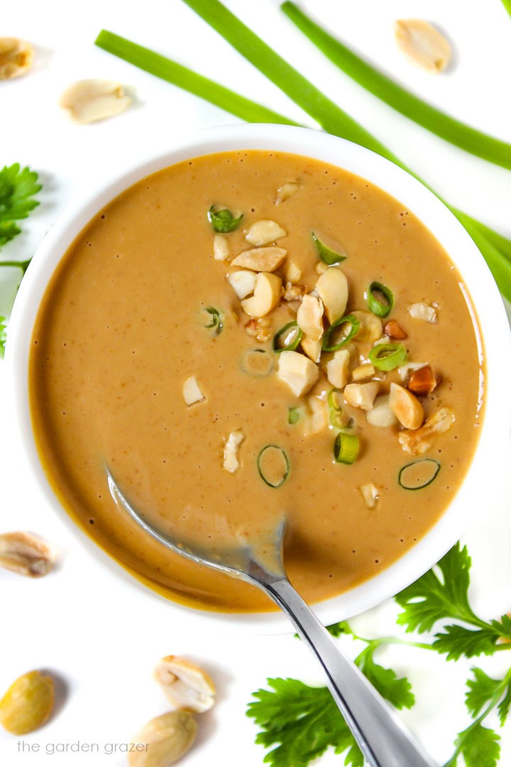 Overhead view of vegan peanut sauce in a white bowl topped with peanuts and sliced green onions