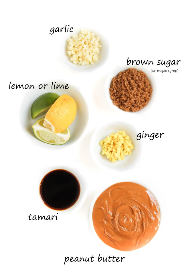 Ingredients in separate bowls for Thai Peanut Sauce