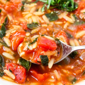 Close-up view of spoon lifting up tomato orzo soup from a white bowl