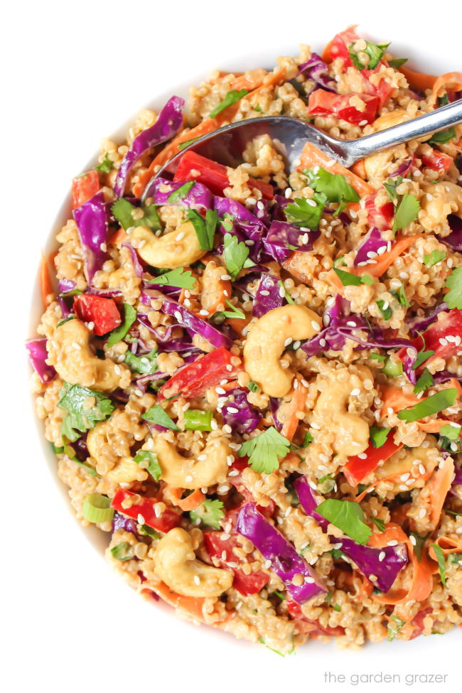Vegan Thai Style Quinoa Salad in a bowl with spoon
