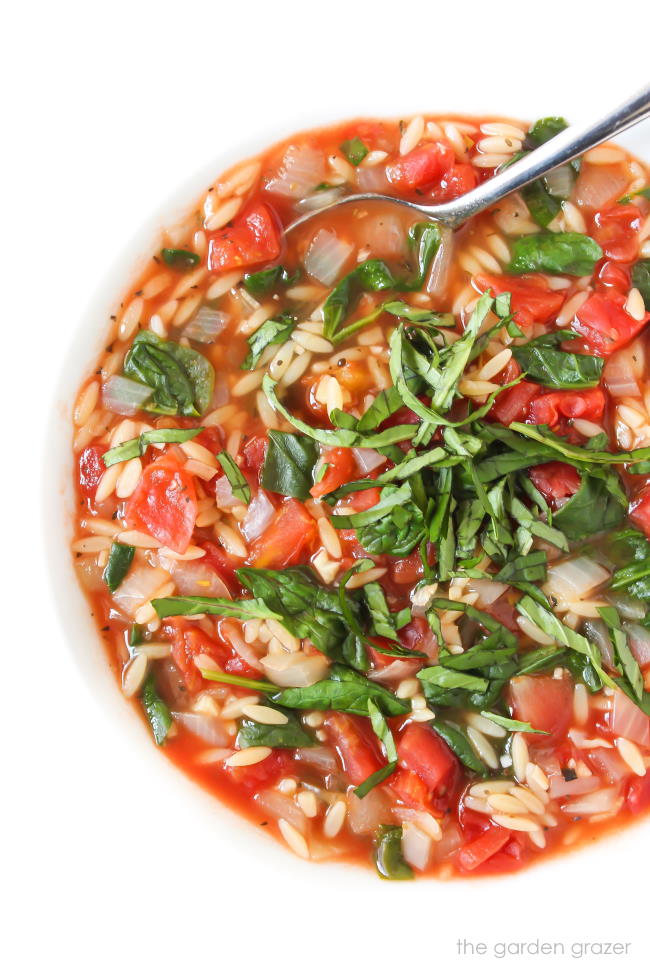 Tomato Soup with orzo and spinach in a bowl with spoon