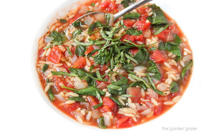 Soup topped with fresh basil in a white bowl