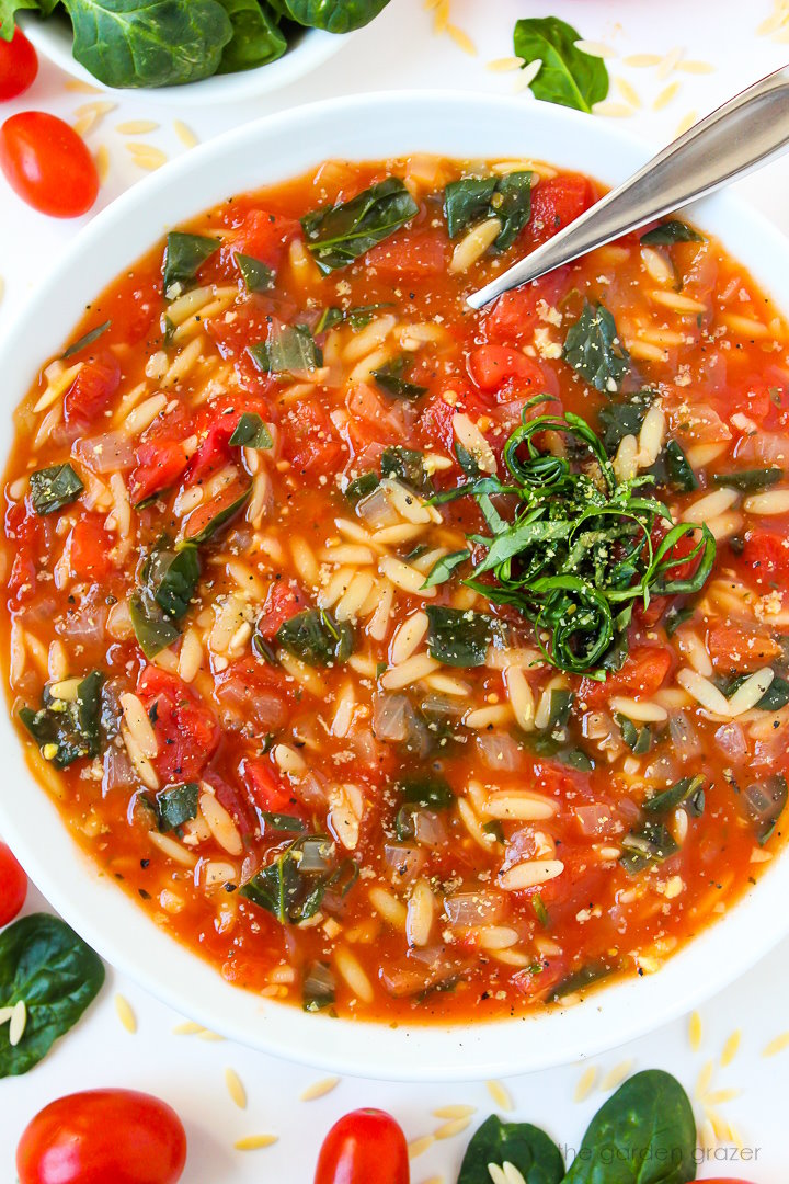 White bowl of tomato orzo soup with spinach topped with fresh basil ribbons