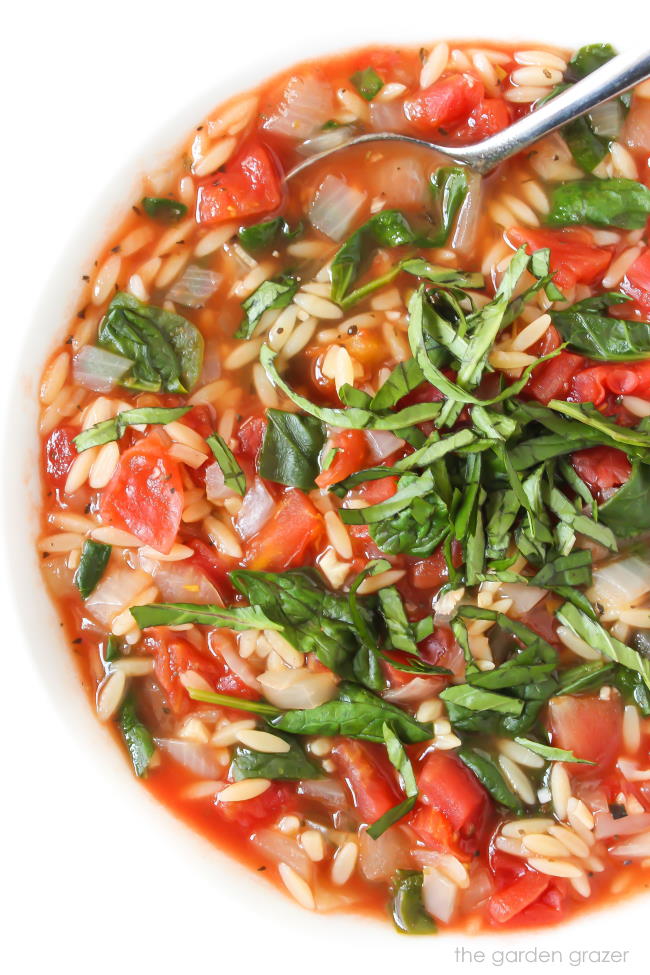 Bowl of tomato orzo spinach soup topped with fresh basil