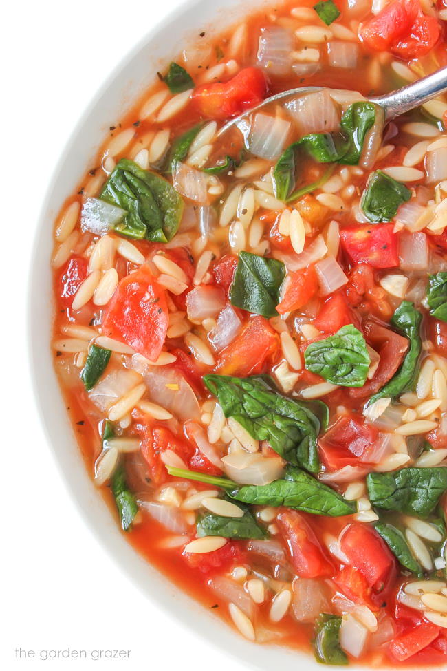 Close up view of vegan tomato orzo soup with spinach