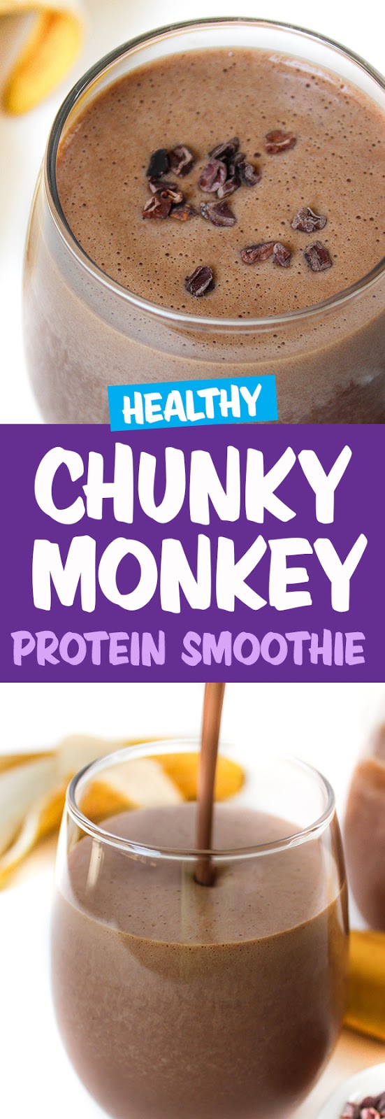 Photo collage of vegan chunky monkey protein smoothie