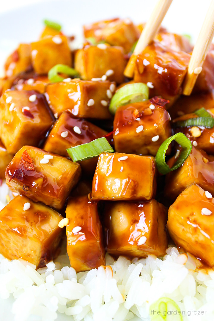 Close up view of baked teriyaki tofu on rice, garnished with green onions and sesame seeds