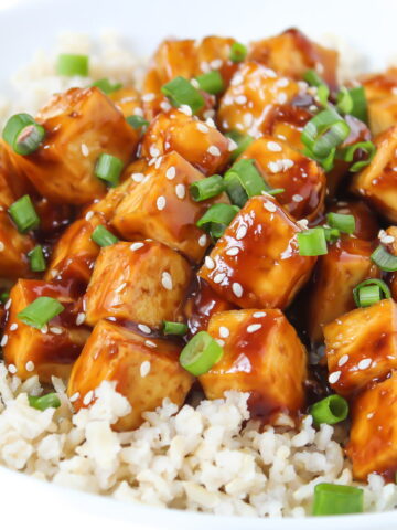 Teriyaki tofu in a bowl with rice