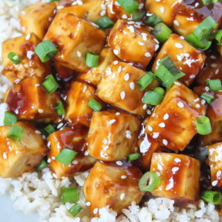 Baked teriyaki tofu on brown rice with green onions