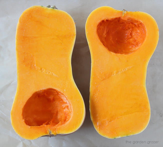 Raw butternut squash cut in half