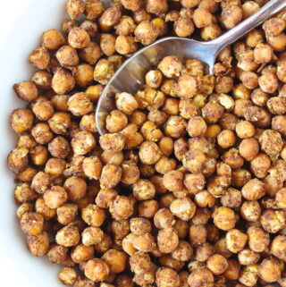 Bowl of nacho roasted chickpeas after baking