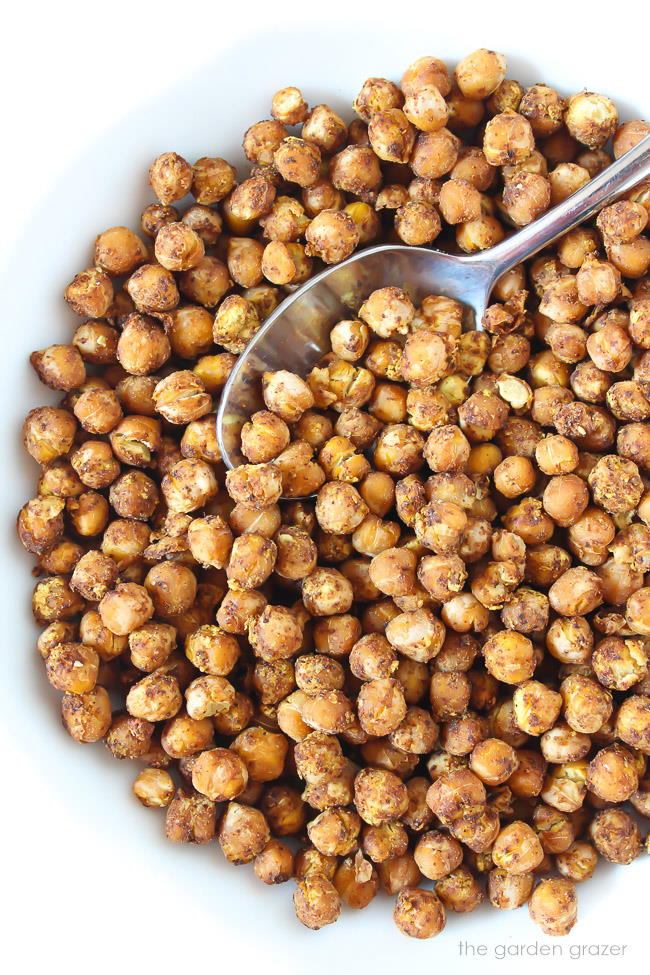 Bowl of nacho roasted chickpeas after baking