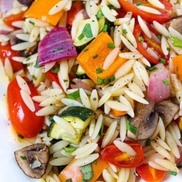 Close up view of roasted vegetable orzo with lemon and herbs on a white plate