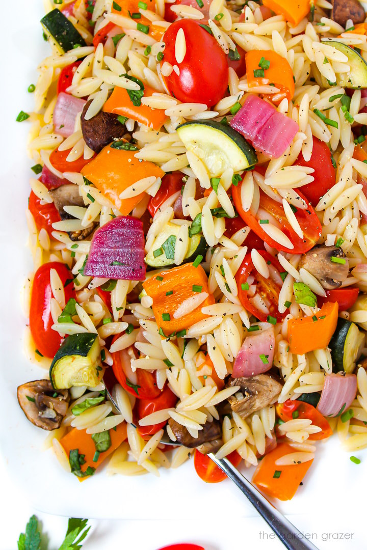 Overhead view of orzo with roasted vegetables on a white plate with serving spoon