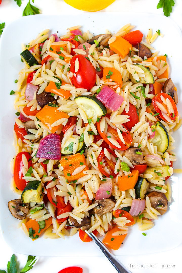 Overhead view of orzo with roasted vegetables tossed with herbs and a lemon vinegar dressing on a white plate