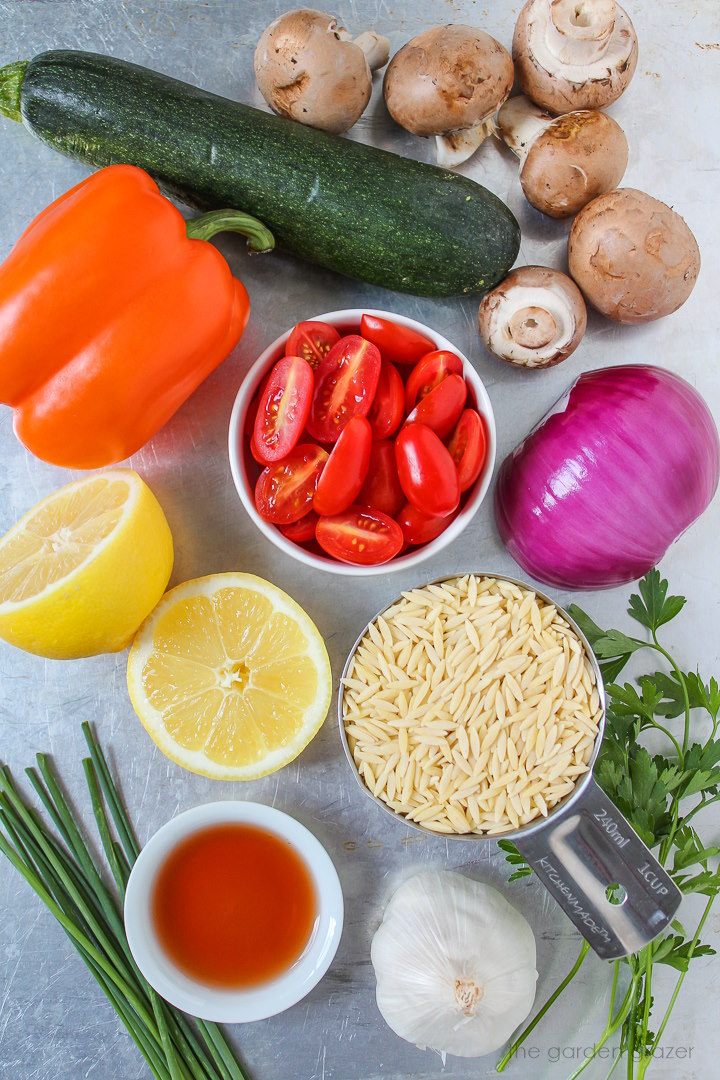Fresh zucchini, mushrooms, tomatoes, bell pepper, onion, lemon, garlic, and fresh herb ingredients laid out on a metal tray