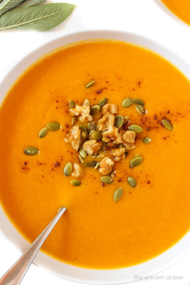 Vegan roasted butternut soup in a white bowl with spoon and toppings