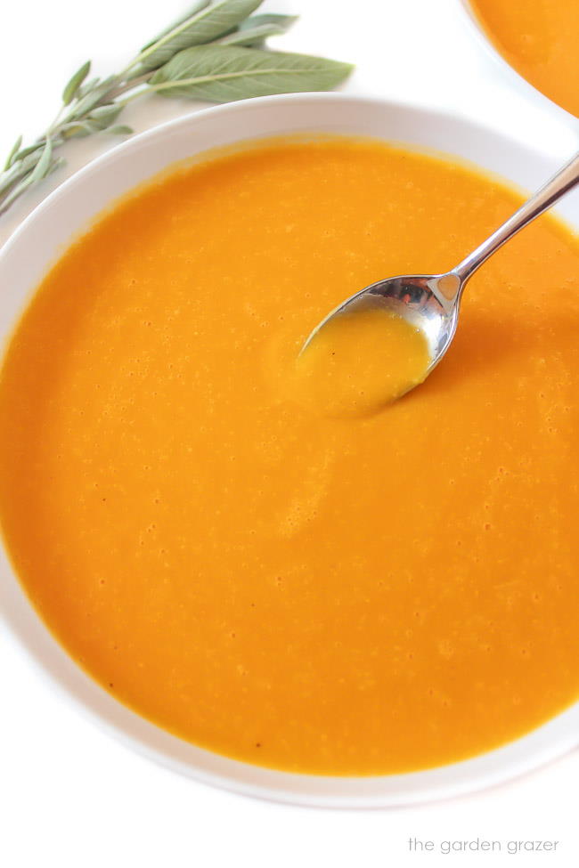 Close up bowl of creamy butternut squash soup with a spoon