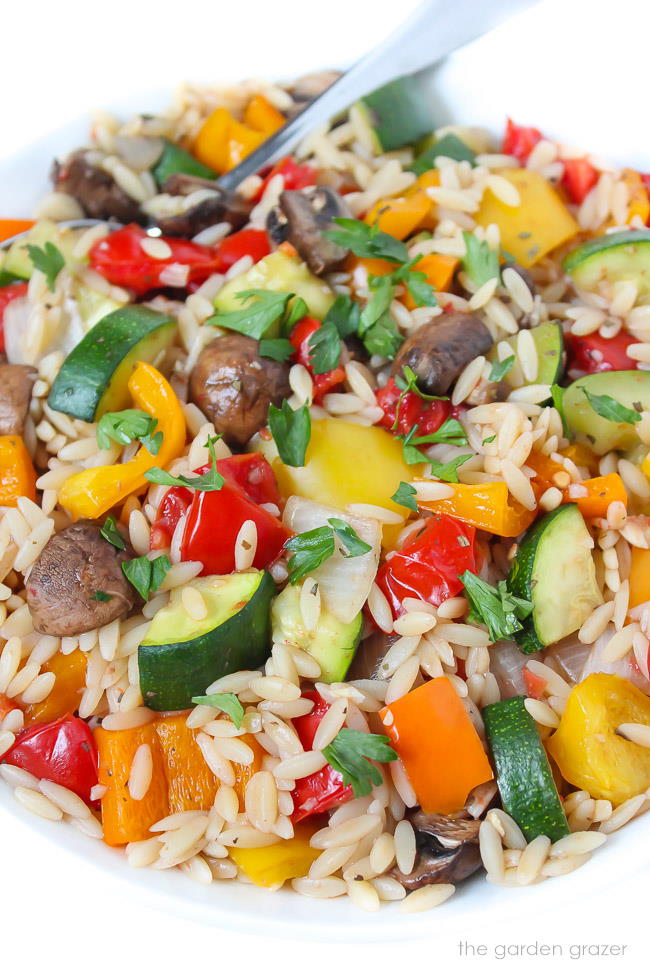 Close up view of roasted vegetable orzo garnished with fresh parsley