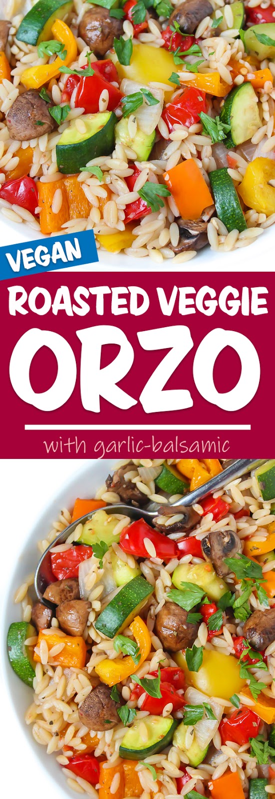 photo collage of roasted vegetable orzo