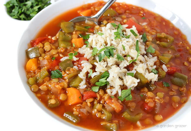 Bowl of lentil stuffed pepper soup with a spoon