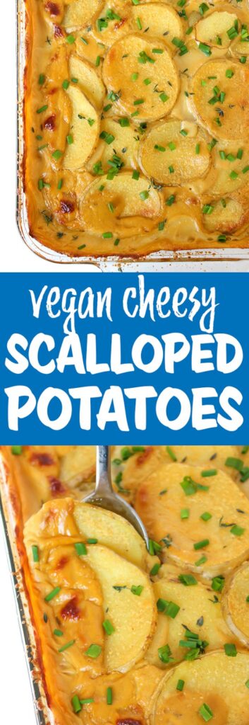Photo collage of cheesy vegan scalloped potatoes