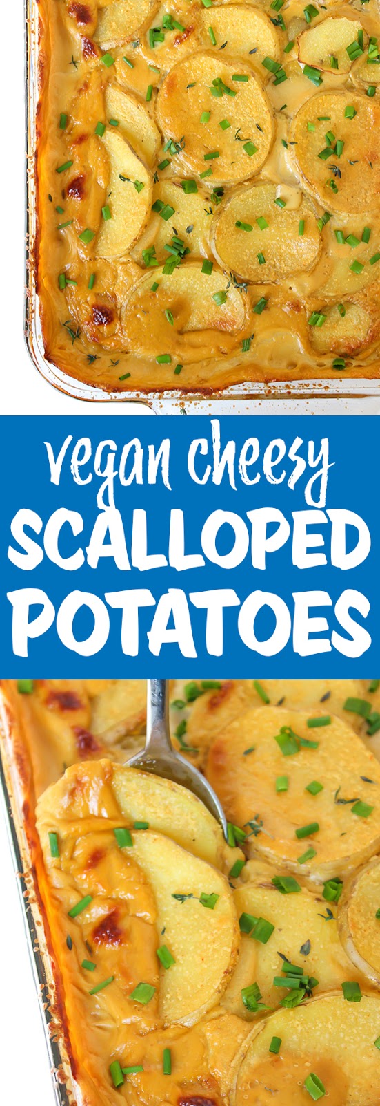 Photo collage of cheesy vegan scalloped potatoes