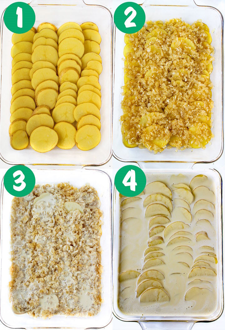 Steps showing the preparation of vegan scalloped potatoes in a large glass baking dish