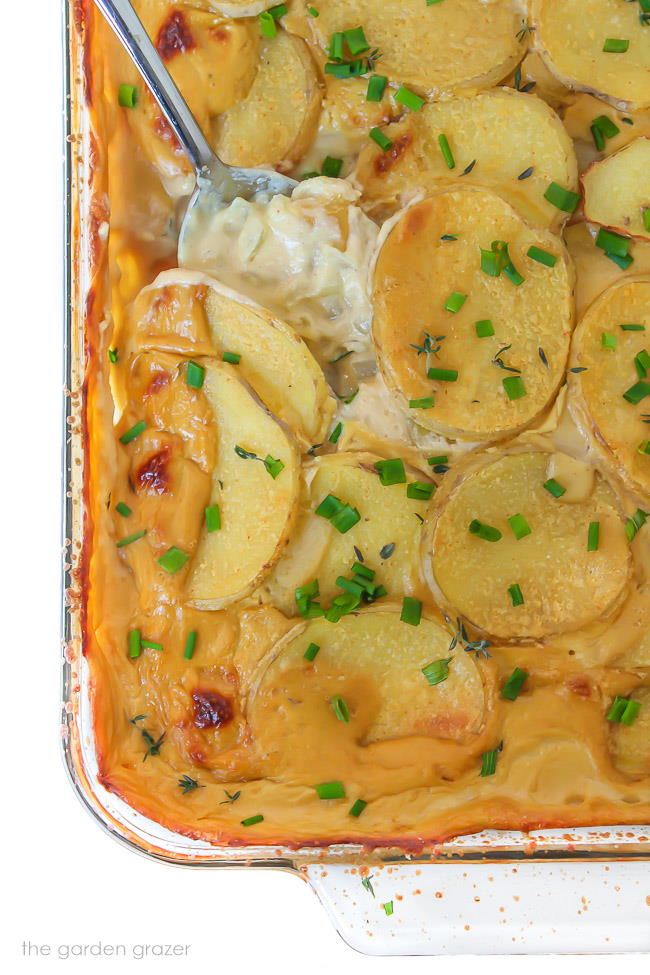 Spoon scooping out vegan scalloped potatoes from pan