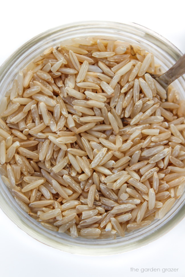 Brown rice ingredient in a glass jar with spoon